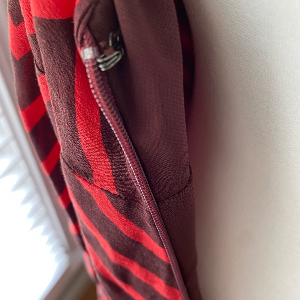 French Connection Dress - Red & Chocolate Brown, Midi, Swing Dress w/ Tie Waist - Picture 7 of 10